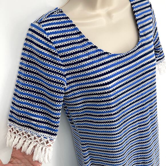Sara Campbell Striped Eyelet Fringe Dress Sz S Blue Black White Lined Scoop Neck - Picture 2 of 12
